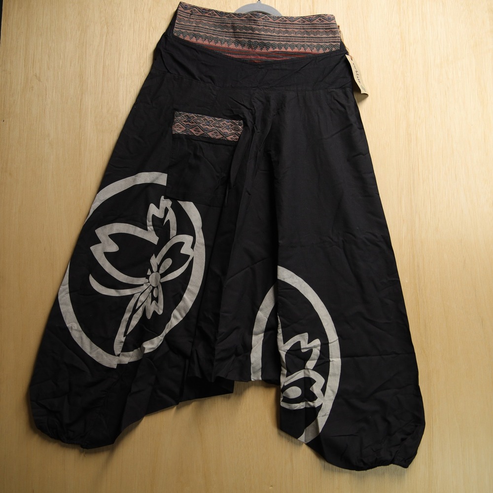 Virblatt Black Cotton Harem Pants Lotus Print Boho Drop Crotch Yoga Trousers S/M